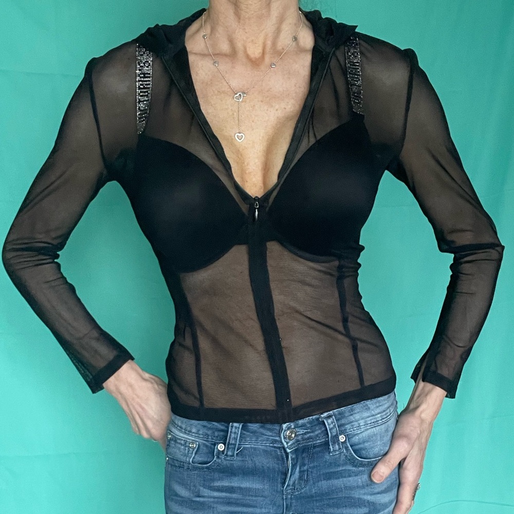 Mark Wong Nark Sheer Hooded 1/2 Zip Front Top - image 8